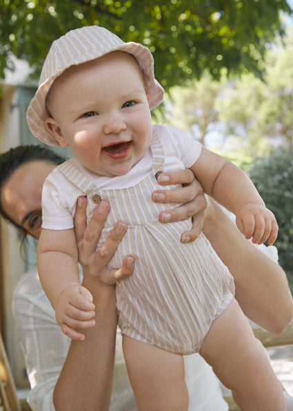 Mayoral Baby Boy Beige Stripe Cotton Romper & Hat Set