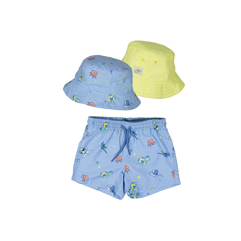 Mayoral Boys Blue Sea Print Swimshorts & Hat Set