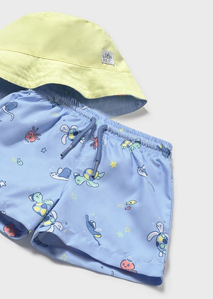 Mayoral Boys Blue Sea Print Swimshorts & Hat Set