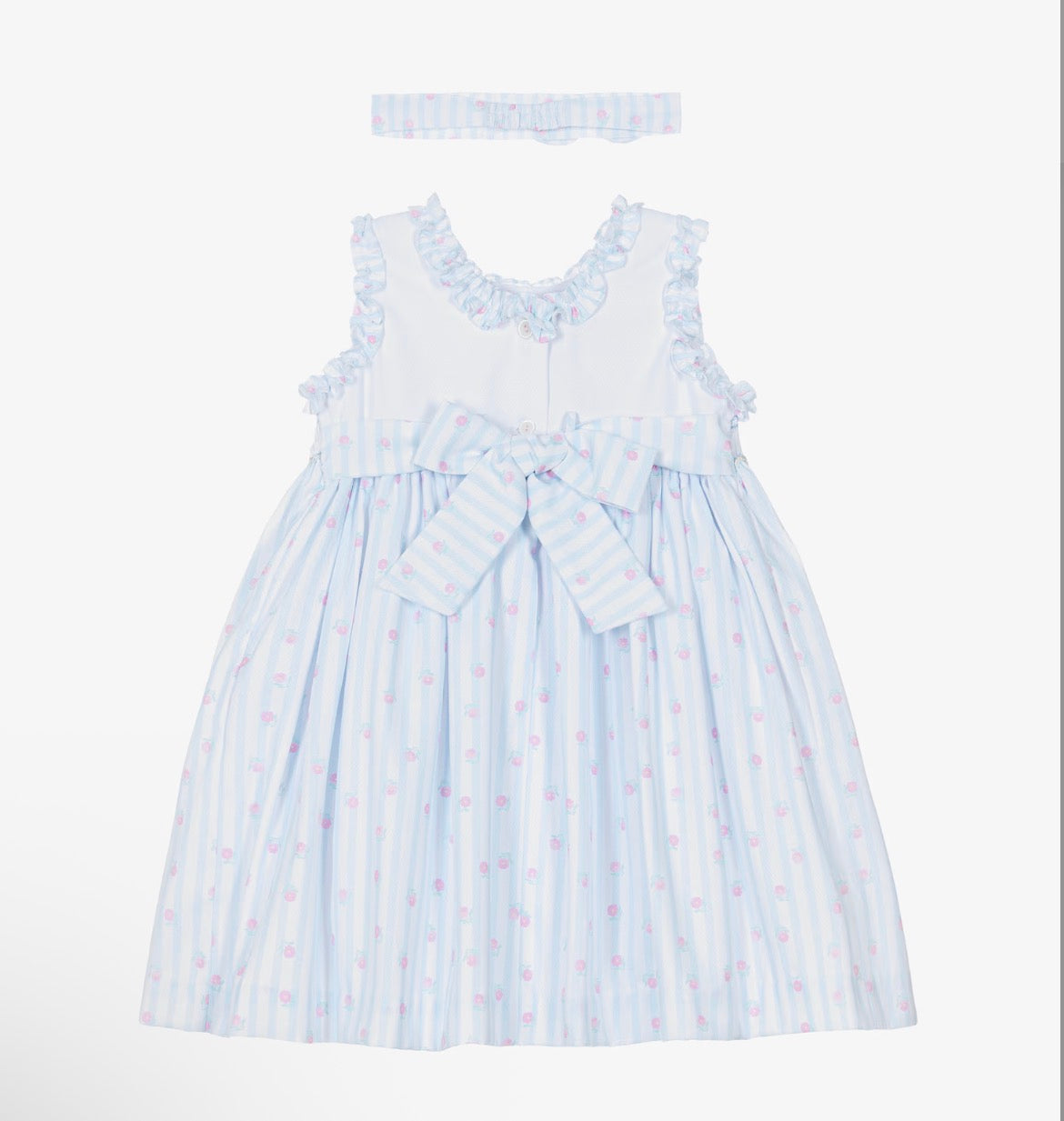 Pretty Originals Girls Pink, Blue & White Striped Smocked Dress & Headband