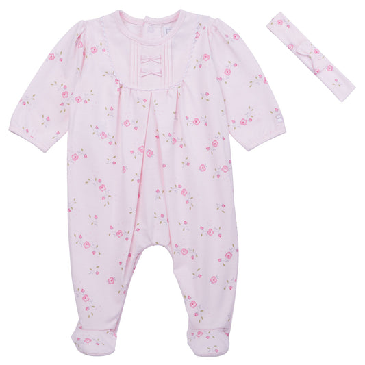 Emile et Rose Hyacinth Baby Girl Pink Floral Babygrow & Headband Set