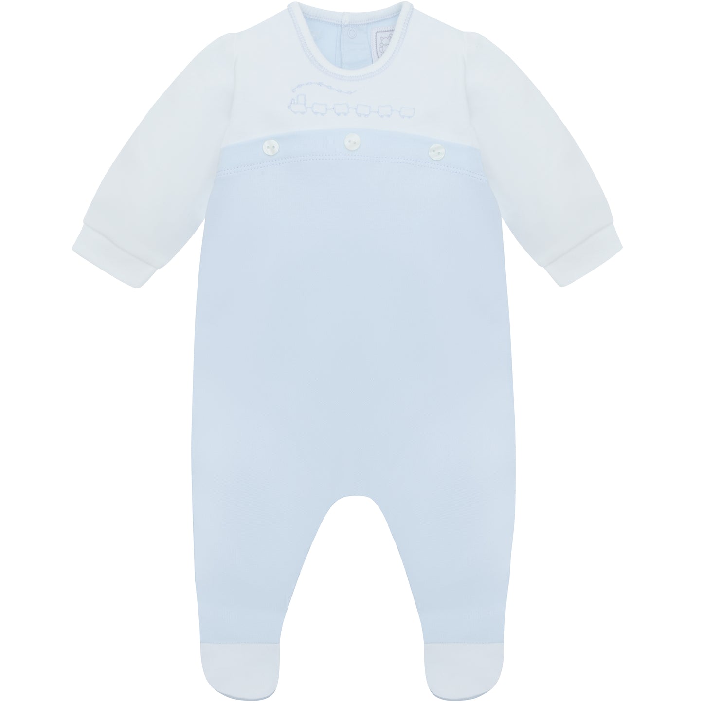 Emile et Rose Luka Baby Boy Blue & White Cotton Babygrow with Train Embroidery