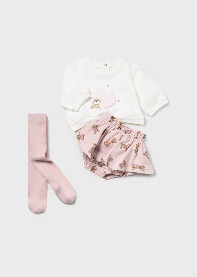 Mayoral Baby Girl Pink & Ivory Teddy Motif Outfit (3 Piece)