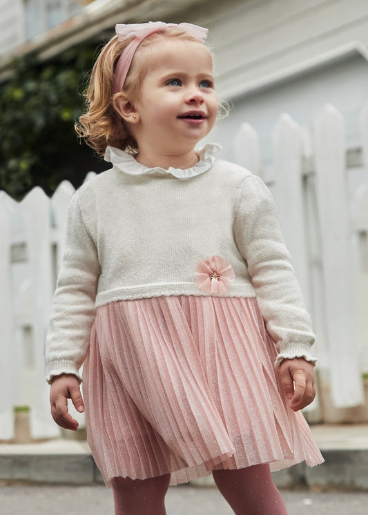 Mayoral Girls Pink & Ivory Pleated Skirt Dress