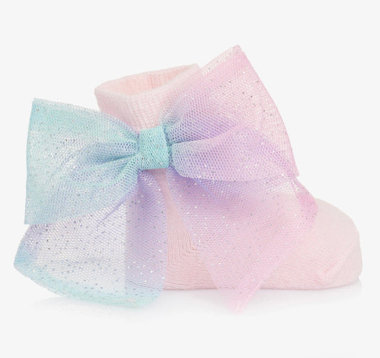 Caramelo Kids Girls Pink & Rainbow Bow Ankle Socks