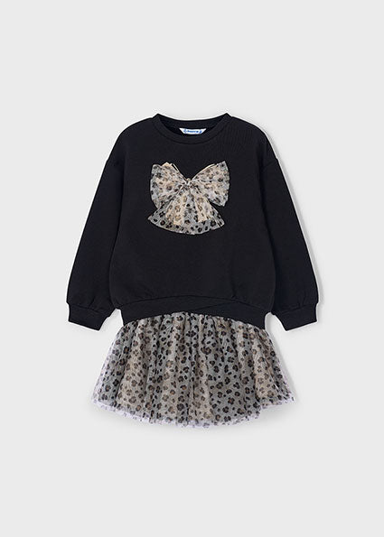 Mayoral Girls Black & Beige Leopard Print Tulle Skirt Set