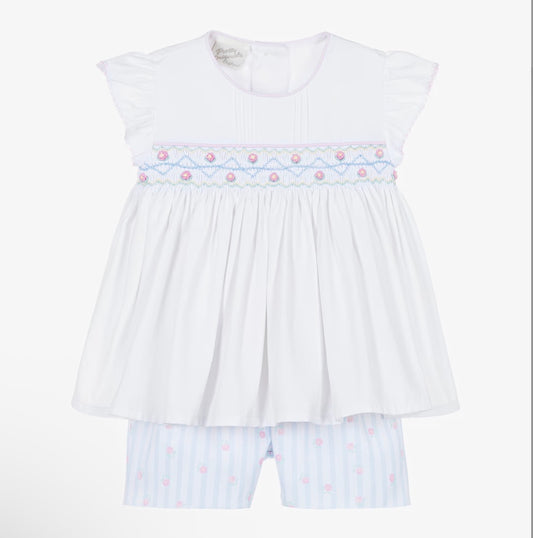 Pretty Originals Girls Pink, Blue & White Striped Smocked Shorts Set