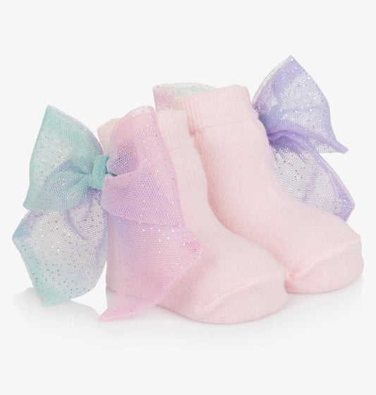 Caramelo Kids Girls Pink & Rainbow Bow Ankle Socks