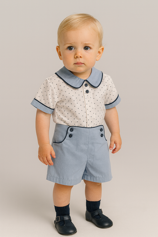 Pretty Originals Baby Boy Blue & White Cotton Shorts Set
