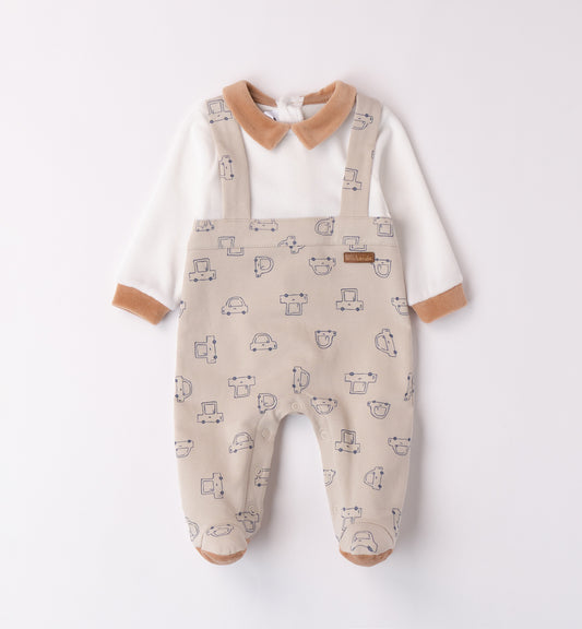Minibanda Baby Boy Beige & Ivory Car Print Babygrow