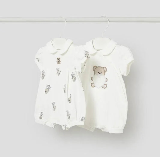 Mayoral Baby Girls Ivory & Beige set of 2 Teddy Bear Rompers
