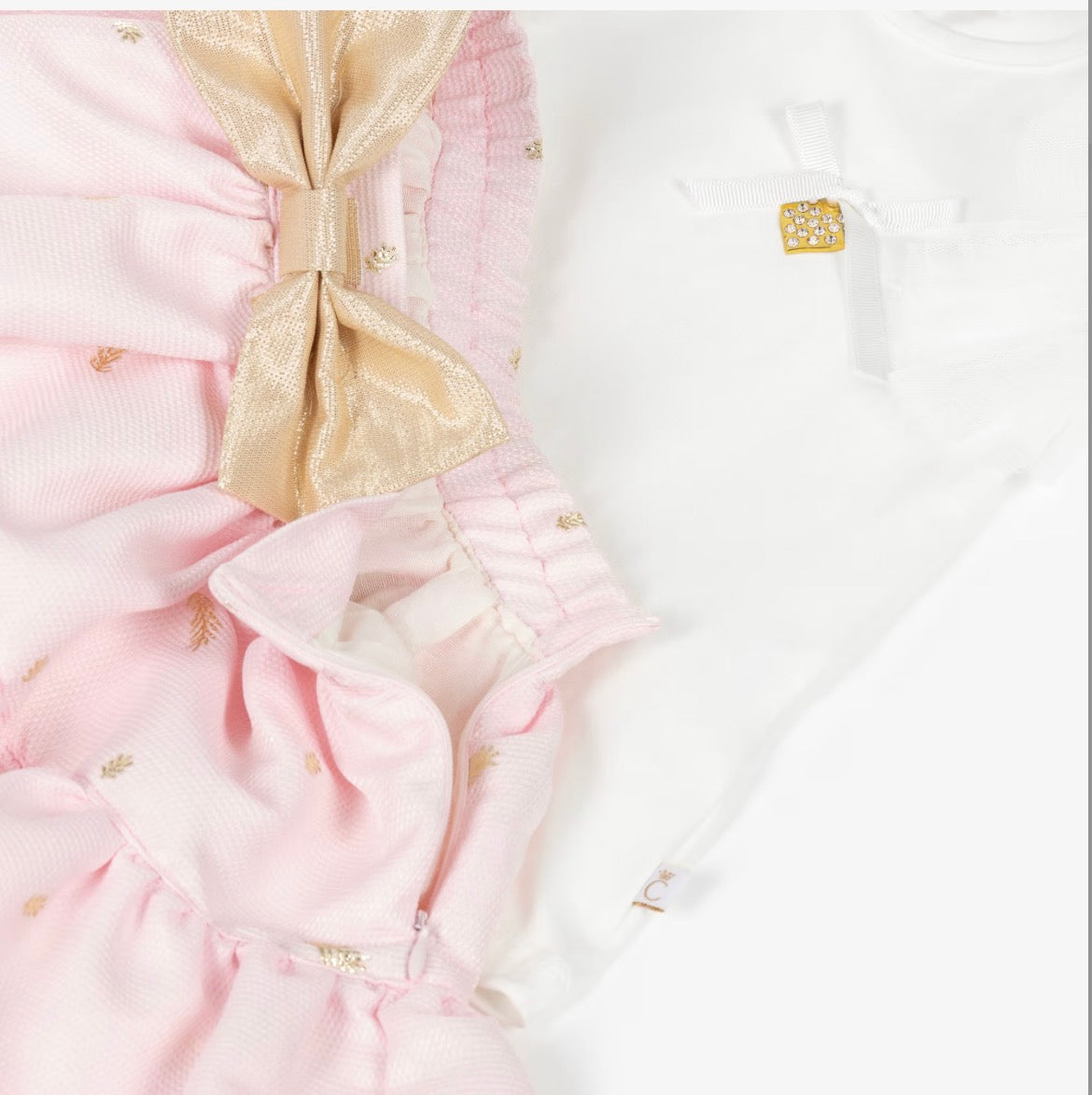 Caramelo Kids Girls Pink & White Skirt Set with Tulle & Gold