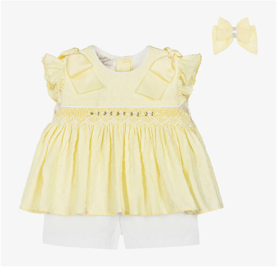 Pretty Originals Girls Yellow Smocked Shorts Set