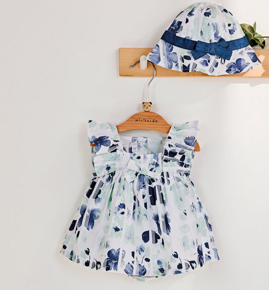 Minibanda Baby Girl Blue & White Floral Cotton Dress