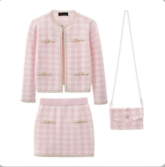 Girls Pink & Ivory Houndstooth Skirt Set & Bag