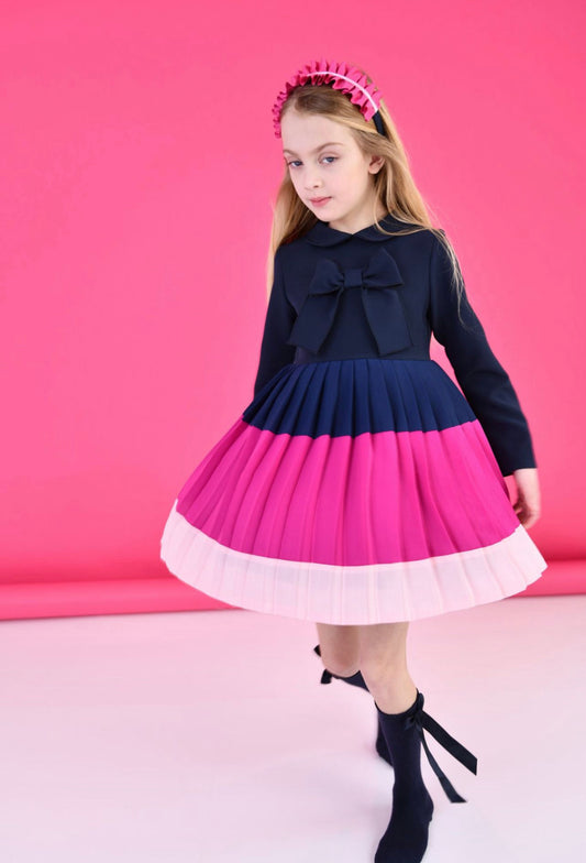 Rochy Girls Navy & Pink Pleated Dress