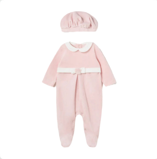 Mayoral Baby Girl Pink Velour Babygrow & Hat