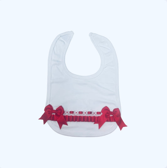 Baby Girl White with Red Ribbon & Bow Cotton Bib