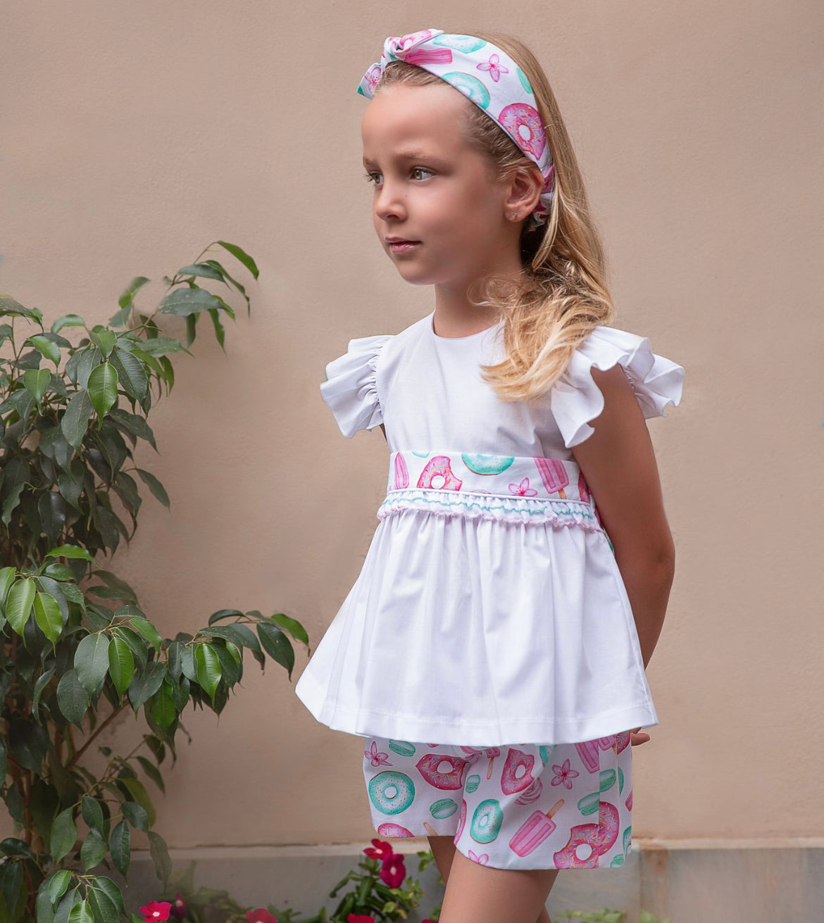 Rochy Girls White & Pink Shorts Set