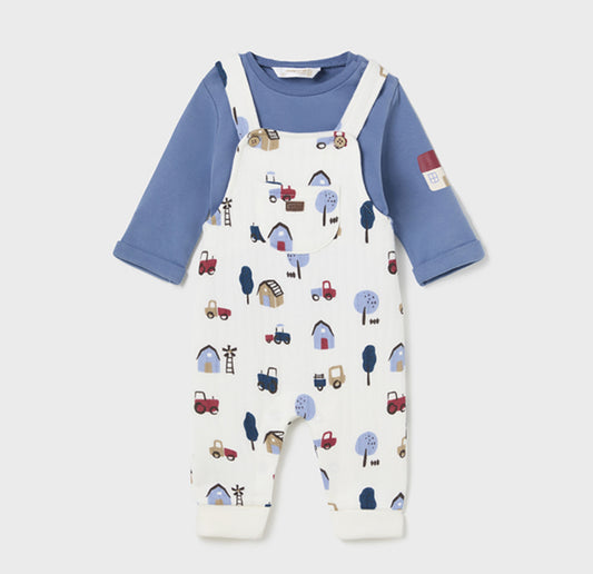 Mayoral Baby Boy Blue & Ivory Tractor Print Dungaree Set