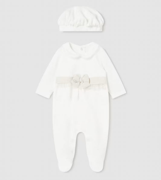 Mayoral Baby Girl Ivory & Gold Velour Babygrow & Hat