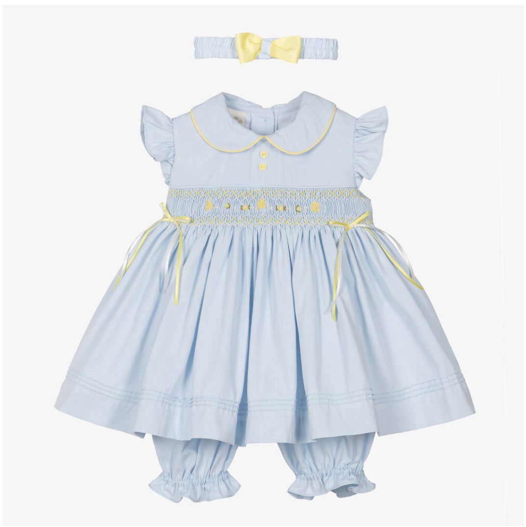 Pretty Originals Girls Blue & Yellow Smocked Dress Set