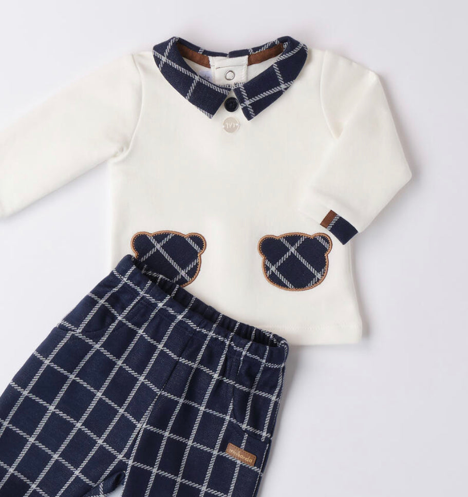 Minibanda Baby Boy Blue & Ivory Teddy Motif Outfit