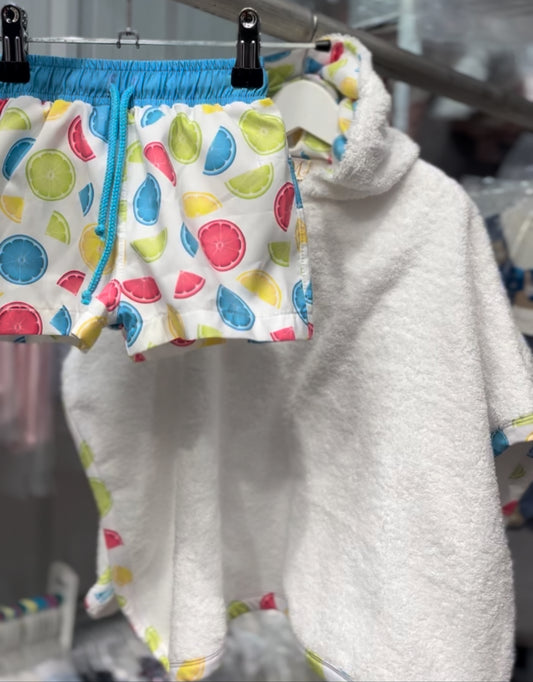 Meraki Boys Blue & Lemon Print Swimshorts & Matching Poncho Hooded Beach Towel