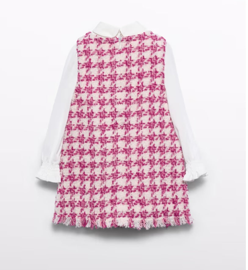 Abel & Lula Girls Pink Houndstooth Tweed Dress