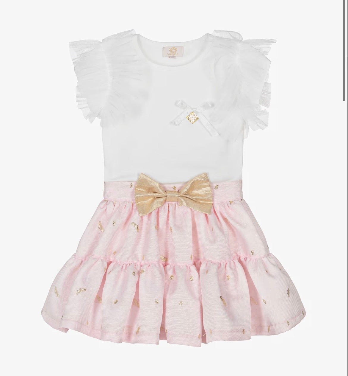 Caramelo Kids Girls Pink & White Skirt Set with Tulle & Gold