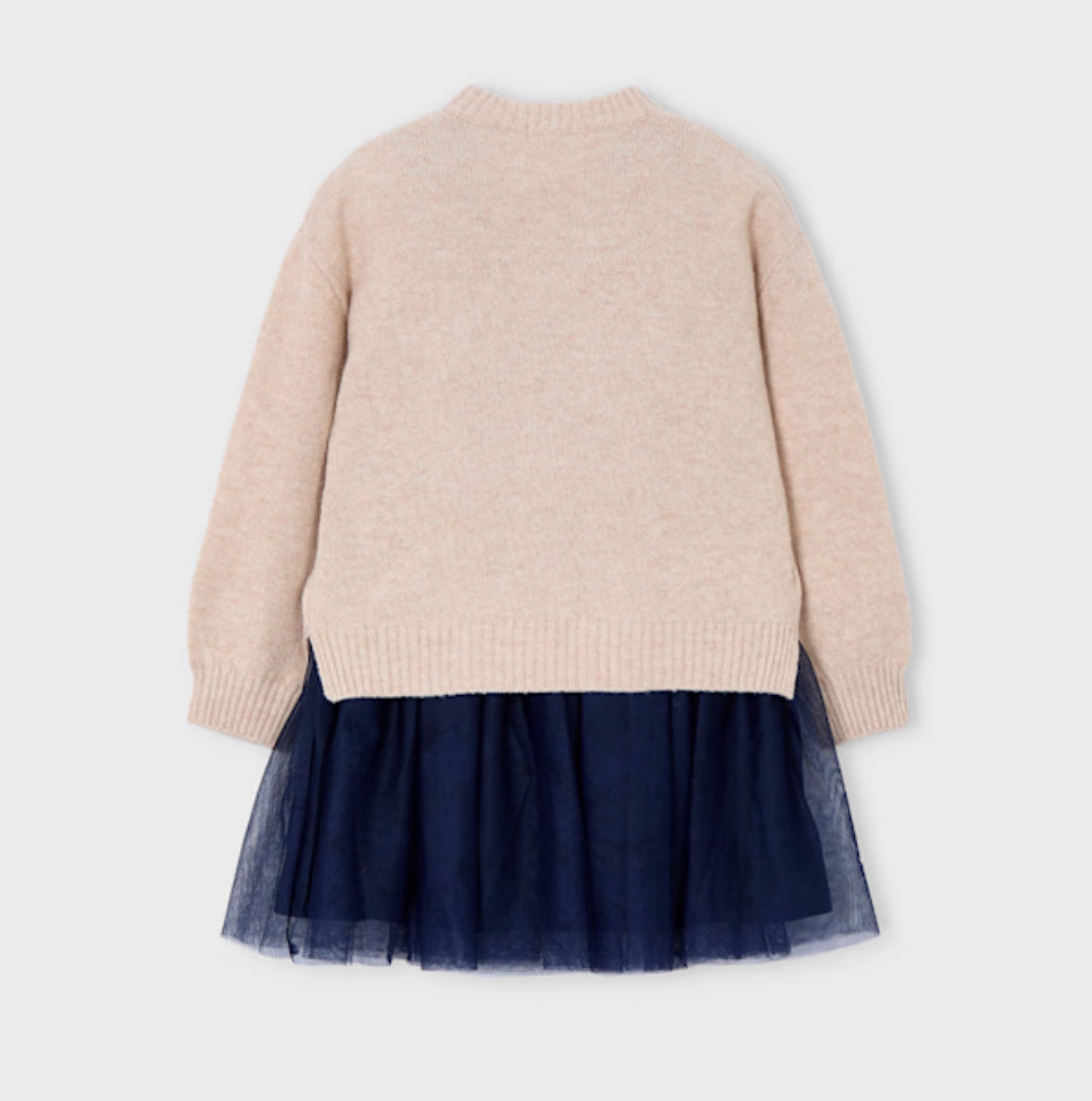 Mayoral Girls Beige & Navy Sparkly Dress Set