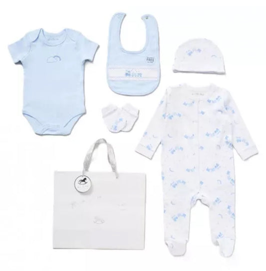 Baby Boy Blue Train Motif 5 Piece Layette Gift set
