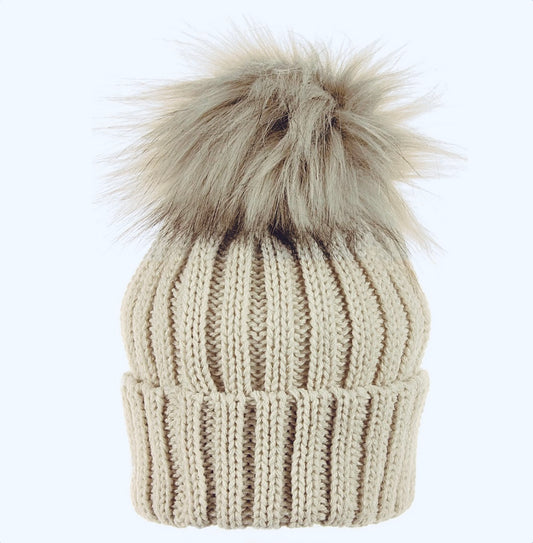 Kinder Baby Beige Pom Hat