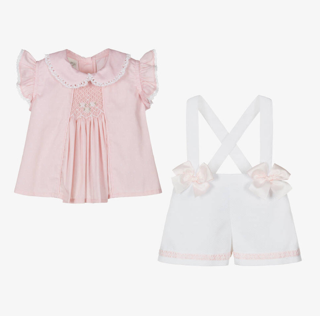 Pretty Originals Baby Girl Pink & White Smocked Shorts Set