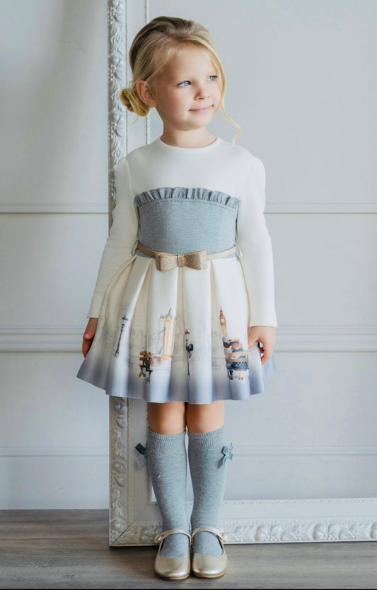 Miranda Girls Ivory & Grey London Print Dress