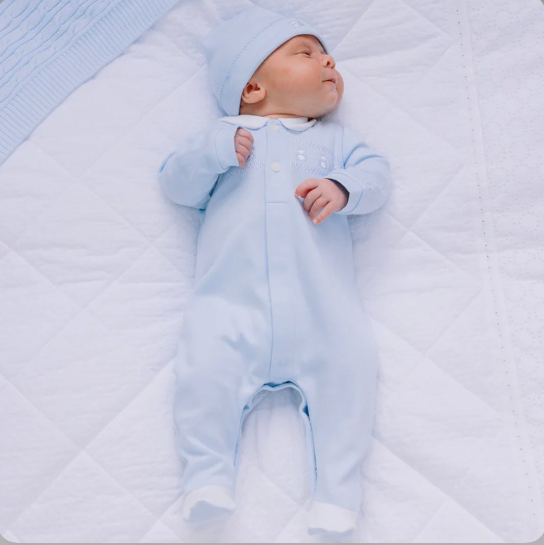 Emile et Rose Fisher Baby Boy Blue Cotton Babygrow Hat Set
