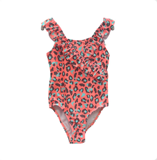 Girls Pink Leopard Print Swimming Costume