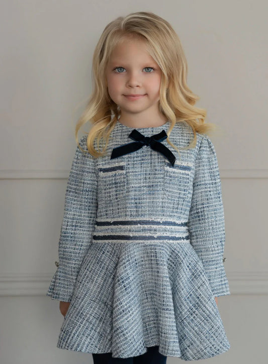 Miranda Girls Blue & Silver Glitter Tweed Dress