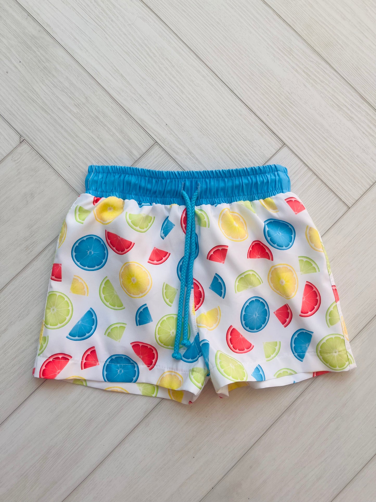 Meraki Boys Blue & Lemon Print Swimshorts & Matching Poncho Hooded Beach Towel