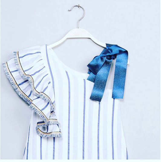 Girls Blue & Ivory Linen Dress