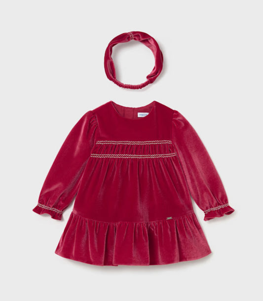 Mayoral Girls Red Velvet Smocked Dress & Headband