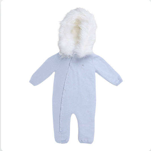 Caramelo Kids Baby Blue Faux Fur Hood Pramsuit