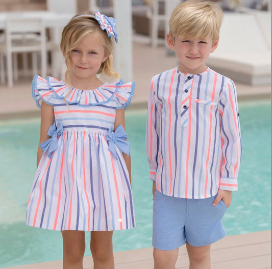 Miranda Girls Blue & Neon Striped Cotton Dress
