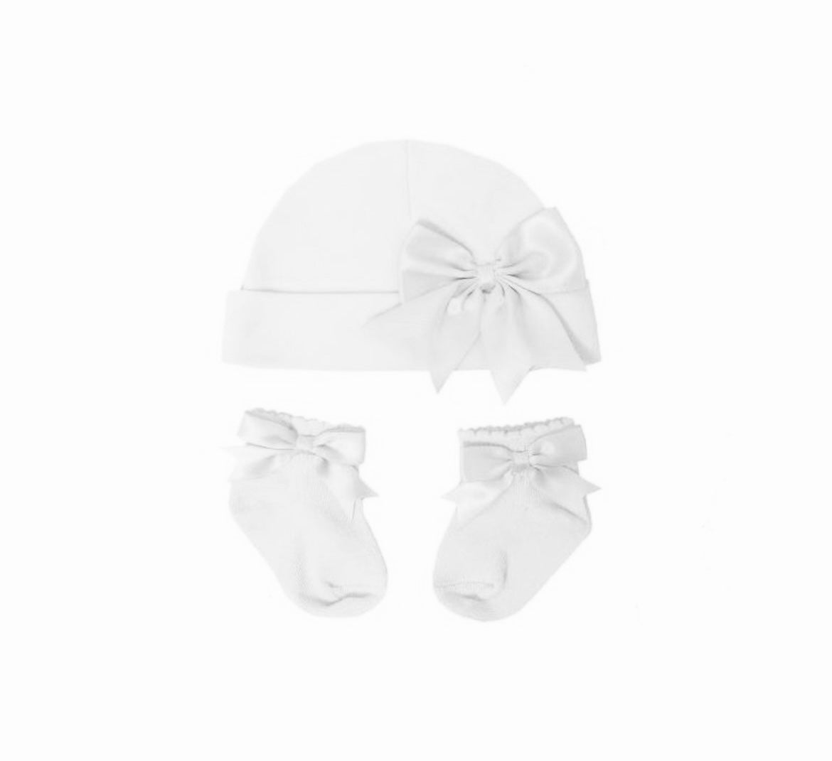 Baby Girl White Cotton Hat & Socks Set