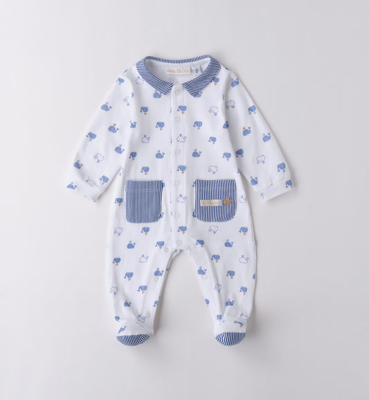 Minibanda Baby Boy Blue & White Print Cotton Babygrow
