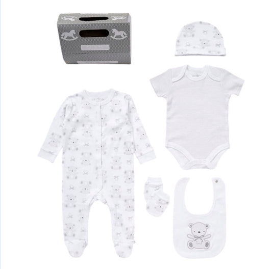 Baby Unisex White Teddy Motif 5 Piece Cotton Layette Gift Set