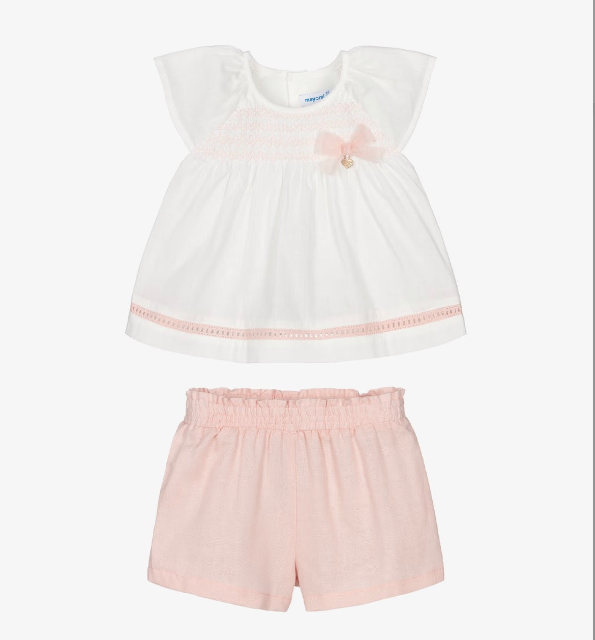 Mayoral Girls Pink & Ivory Smocked Cotton Shorts Set