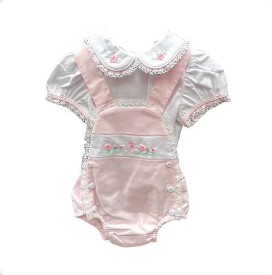 Pretty Originals Baby Girl Pink & White Embroidered Romper