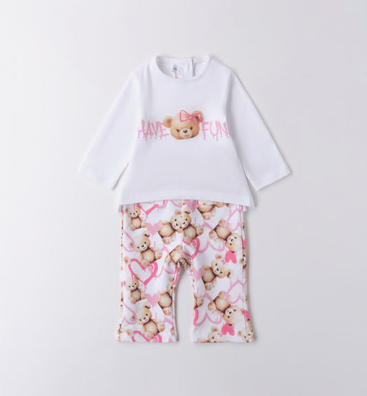 Minibanda Baby Girl Pink & Ivory Teddy Motif Legging Set