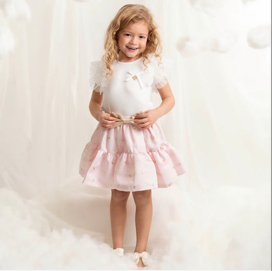 Caramelo Kids Girls Pink & White Skirt Set with Tulle & Gold